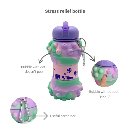 Sticla pentru apa, pliabila, din silicon fara BPA, anti-scurgere, cu carabina de prindere, model pop-it mov, 550 ml [1]