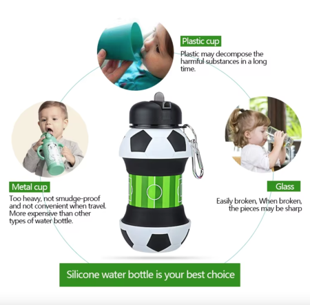 Sticla pentru apa, pliabila, din silicon fara BPA, cu carabina de prindere, fara scurgere, model minge de fotbal, 550 ml [5]