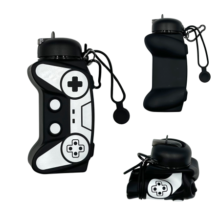 Sticle și caserole din silicon - Sticla pentru apa, pliabila, din silicon fara BPA, cu carabina si curea de prindere, model gamer, negru cu alb, 600 ml