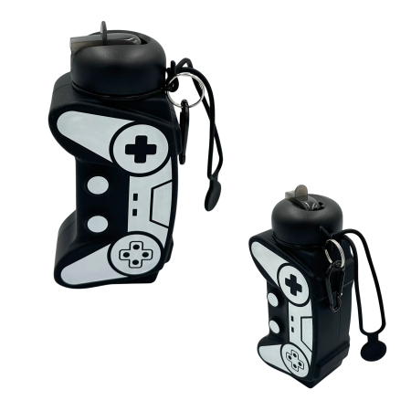Sticla pentru apa, pliabila, din silicon fara BPA, cu carabina si curea de prindere, model gamer, negru cu alb, 600 ml [1]
