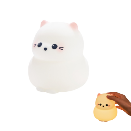 Lămpi de veghe - Veioza portabila de tip lampa LED din silicon, model pisicuta, lumina calda in trei trepte de intensitate, alb cu roz, incarcare tip USB-C, 10x12.2x11 cm
