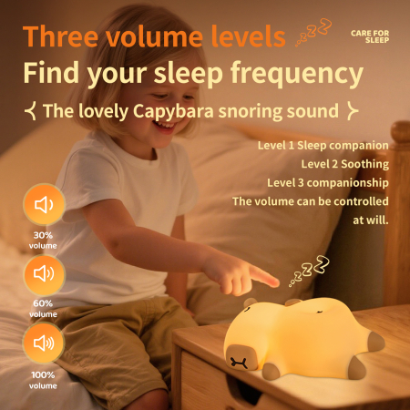 Veioza portabila de tip lampa LED din silicon, model capybara care sforaie si se aprinde, bej cu maro, lumina reglabila, incarcare tip USB-C, white noise, 20x13.9x8.7 cm [6]