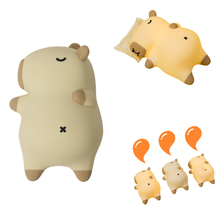 Lămpi de veghe - Veioza portabila de tip lampa LED din silicon, model capybara care sforaie si se aprinde, bej cu maro, lumina reglabila, incarcare tip USB-C, white noise, 20x13.9x8.7 cm