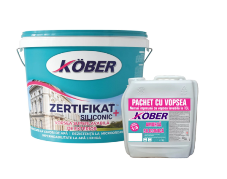 Vopsele pentru exterior - Vopsea superlavabila siliconica de exterior, Kober Zertifikat+ Siliconic, alb, 15 L + amorsa pentru vopsele siliconice, 3 L