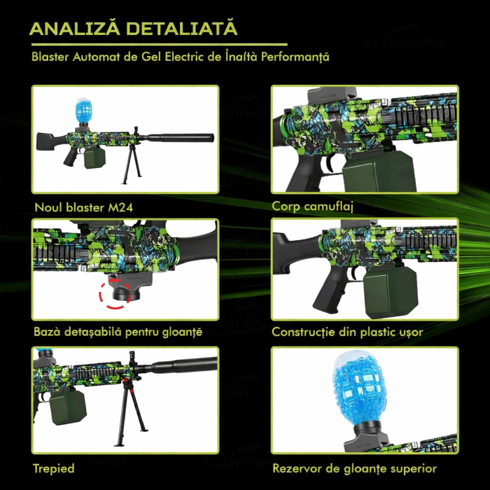 Pușcă de jucărie electrică cu bile gel, tragere automată, model M249, cu lumină, încărcare USB [4]