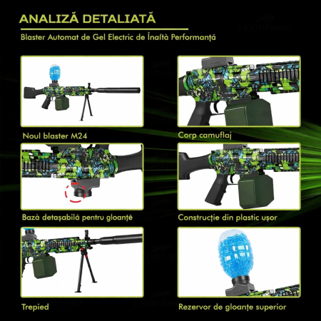 Pușcă de jucărie electrică cu bile gel, tragere automată, model M249, cu lumină, încărcare USB [3]