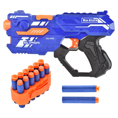 Arme de Jucărie - Pistol tip NERF GUN de jucărie cu gloanțe moi EVA, încărcător, tragere manuală, set cu 14 proiectile