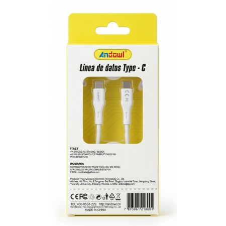 Cablu de date și încărcare USB-C - USB-C, 100W, 1m, încărcare rapidă, fast charge, cablu rezistent, Alb [1]