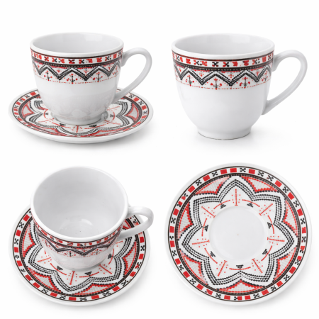 Accesorii Bucătărie - Set 6 cești cu 6 farfurioare, motive tradiționale românești, 150 ml