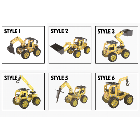 Seturi de construit - Set construcție metalic STEM 6 în 1, vehicule utilaje, 146 piese, unelte incluse, model educativ, 8+ ani