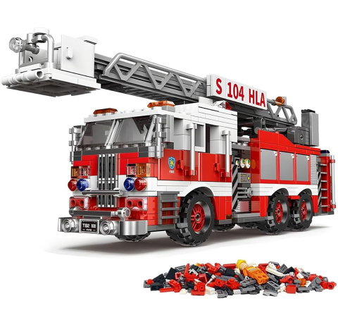 Seturi de construit - Set de Construcit din 711 piese - Mașină de Pompieri cu Scară Rotativă, pentru copii 6+