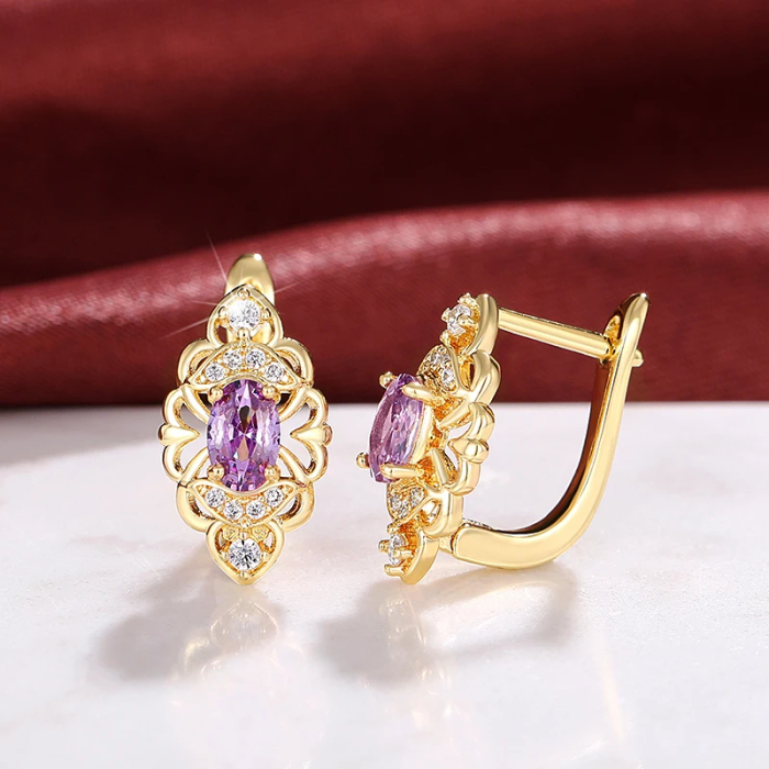 Cercei stil vintage, CAOSHI, placati cu aur de 18K, cristale zirconiu violet-ametist, 1, 5x0, 7cm [3]