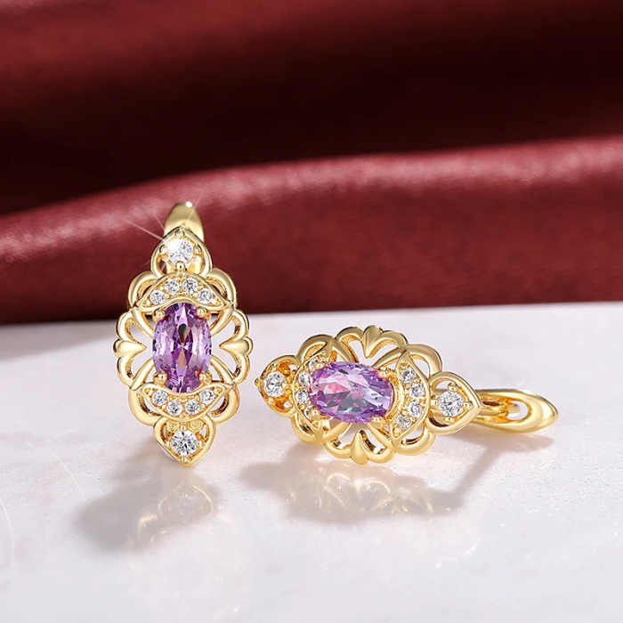 Cercei stil vintage, CAOSHI, placati cu aur de 18K, cristale zirconiu violet-ametist, 1, 5x0, 7cm [2]