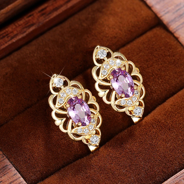 Cercei stil vintage, CAOSHI, placati cu aur de 18K, cristale zirconiu violet-ametist, 1, 5x0, 7cm [5]
