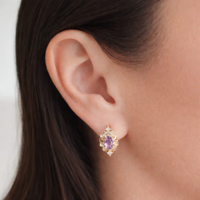 Cercei stil vintage, CAOSHI, placati cu aur de 18K, cristale zirconiu violet-ametist, 1, 5x0, 7cm [7]