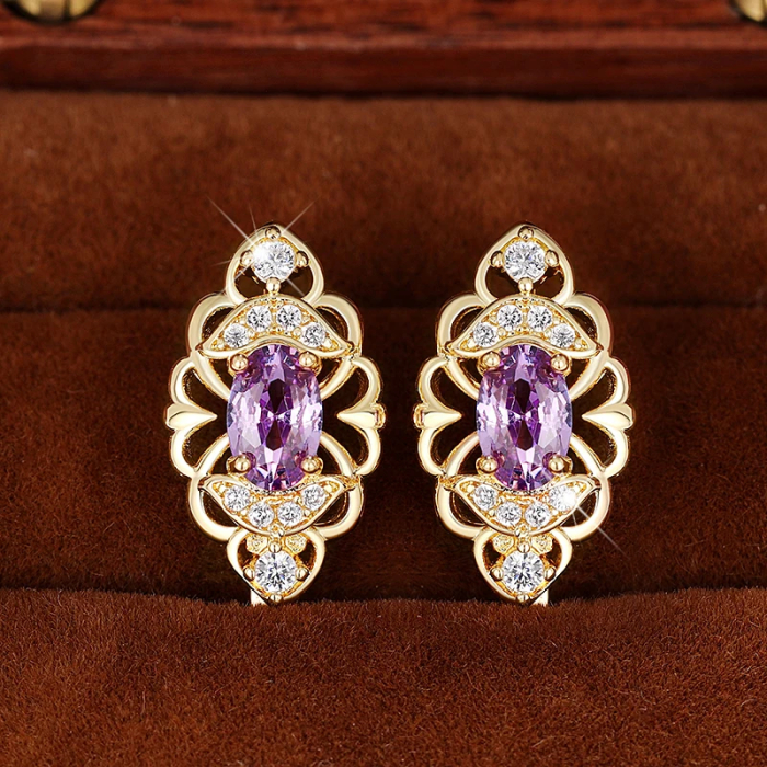 Cercei stil vintage, CAOSHI, placati cu aur de 18K, cristale zirconiu violet-ametist, 1, 5x0, 7cm [6]