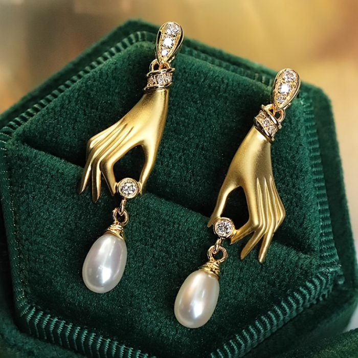 Cercei stil vintage placati cu aur de 18 K, cu perla si cristale de zirconiu [5]