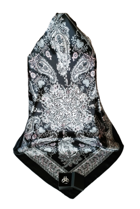 Esarfa satinata multicolora model 9, imprimeu Paisley, cu inel argintiu, 60 x 60 cm [4]