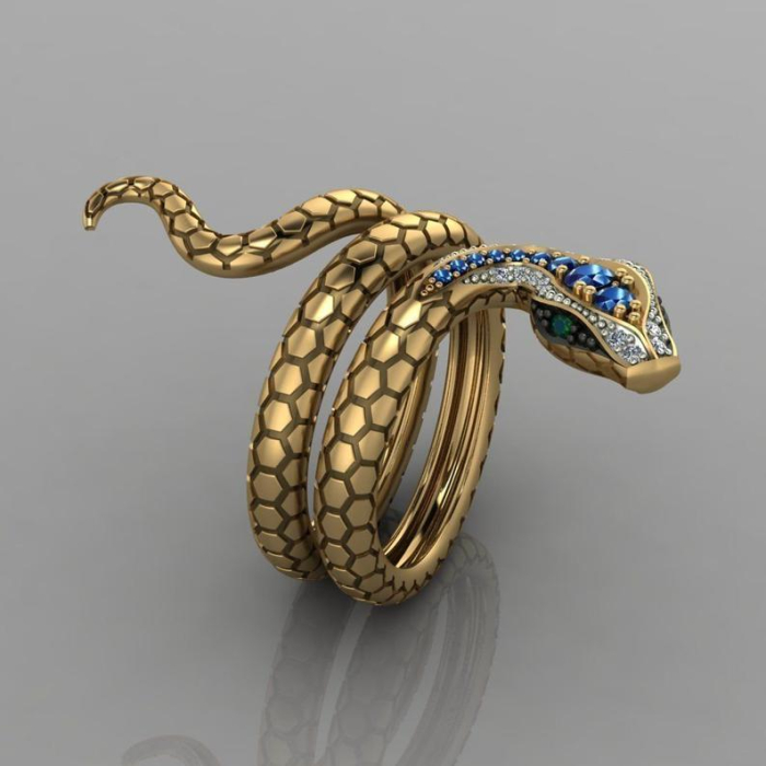 Inel exotic model sarpe, placat cu aur de 18 K, cu cristale de zirconiu albastre [3]