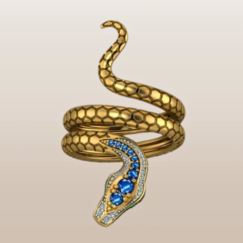 Inel exotic model sarpe, placat cu aur de 18 K, cu cristale de zirconiu albastre [5]