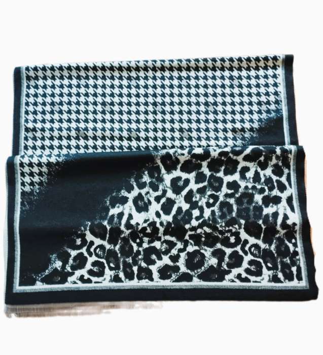 Sal din vascoza negru cu bej, print leopard si pied du coq, 195 x 65 cm [5]