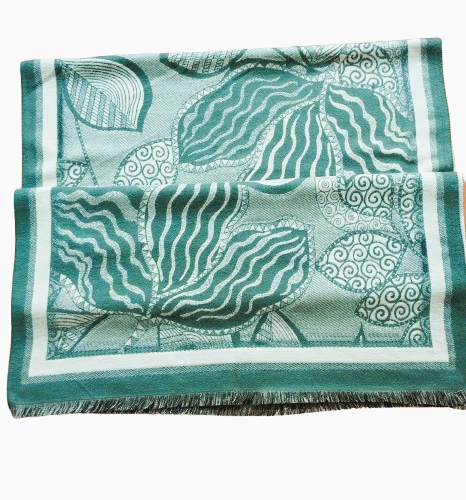 Sal din vascoza verde-menta cu print frunze, 195 x 65 cm [4]