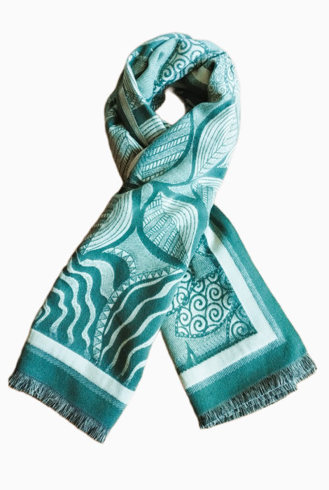 Sal din vascoza verde-menta cu print frunze, 195 x 65 cm [2]
