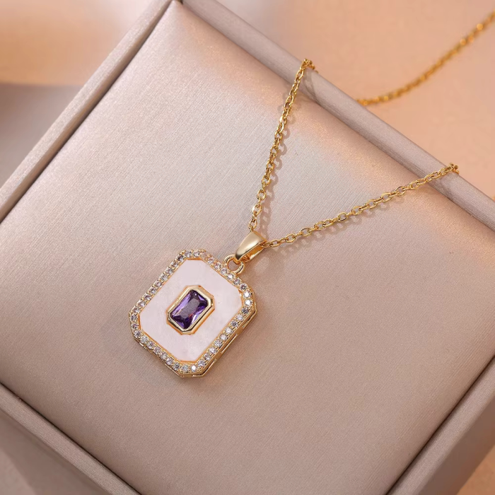 Set bijuterii vintage rectangulare, placate cu aur de 18 K, cu cristale de zirconiu violet. sidef si strasuri [2]