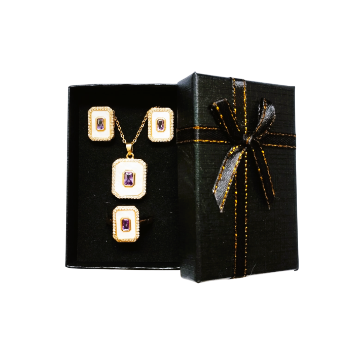 Set bijuterii vintage rectangulare, placate cu aur de 18 K, cu cristale de zirconiu violet. sidef si strasuri [5]
