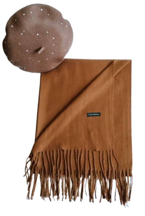 Set sal din casmir gri-deschis cu bereta asortata in stil frantuzesc, 200 x 75 cm [45]