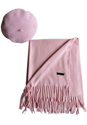 Set sal din casmir gri-deschis cu bereta asortata in stil frantuzesc, 200 x 75 cm [93]