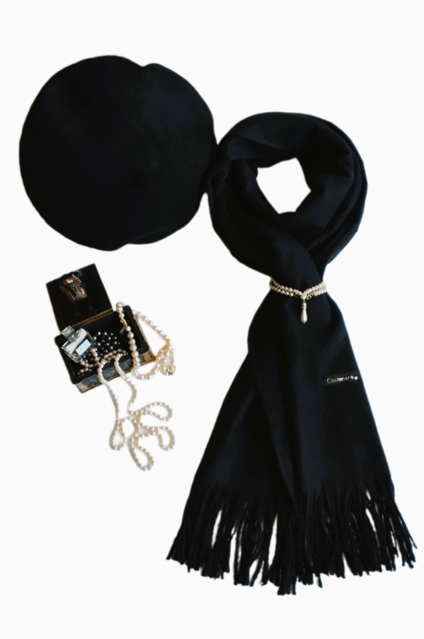 Set sal din casmir gri-deschis cu bereta asortata in stil frantuzesc, 200 x 75 cm [62]