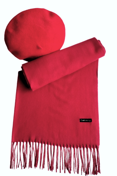 Set sal din casmir gri-deschis cu bereta asortata in stil frantuzesc, 200 x 75 cm [74]