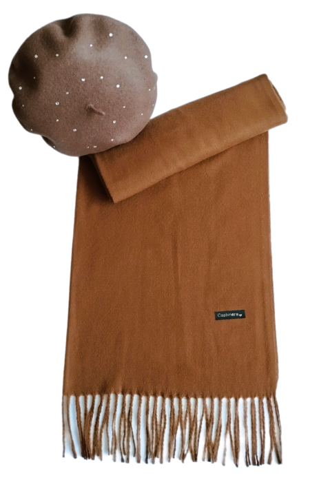 Set sal din casmir gri-deschis cu bereta asortata in stil frantuzesc, 200 x 75 cm [44]