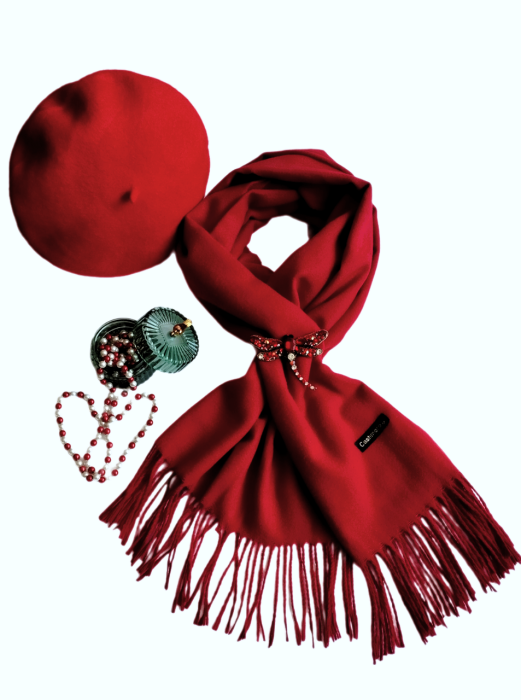 Set sal din casmir gri-deschis cu bereta asortata in stil frantuzesc, 200 x 75 cm [75]
