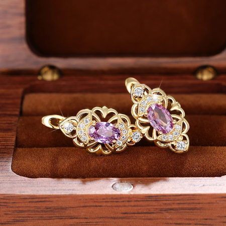 Cercei stil vintage, CAOSHI, placati cu aur de 18K, cristale zirconiu violet-ametist, 1, 5x0, 7cm [3]