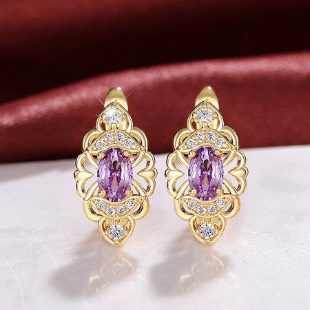 Produse - Cercei stil vintage, CAOSHI, placati cu aur de 18K, cristale zirconiu violet-ametist, 1, 5x0, 7cm