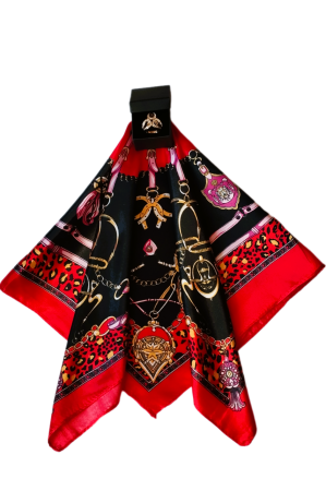 Esarfe din satin - Esarfa satinata multicolora model 2, imprimeu lanturi, cu inel auriu, 60 x 60 cm