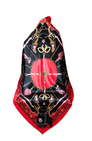 Esarfa satinata multicolora model 2, imprimeu lanturi, cu inel auriu, 60 x 60 cm [3]