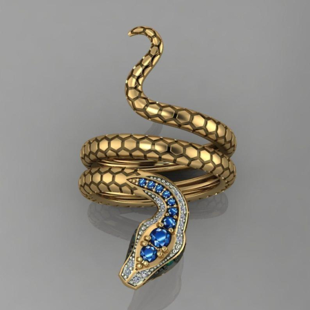 Produse - Inel exotic model sarpe, placat cu aur de 18 K, cu cristale de zirconiu albastre