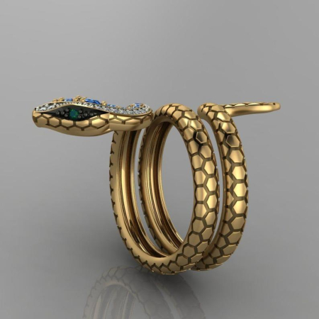 Inel exotic model sarpe, placat cu aur de 18 K, cu cristale de zirconiu albastre [1]
