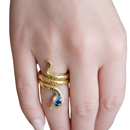 Inel exotic model sarpe, placat cu aur de 18 K, cu cristale de zirconiu albastre [6]
