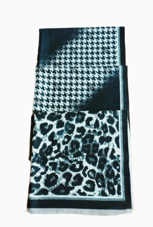 Sal din vascoza negru cu bej, print leopard si pied du coq, 195 x 65 cm [3]