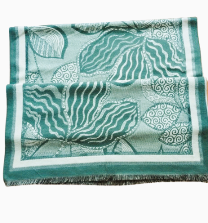 Sal din vascoza verde-menta cu print frunze, 195 x 65 cm [3]
