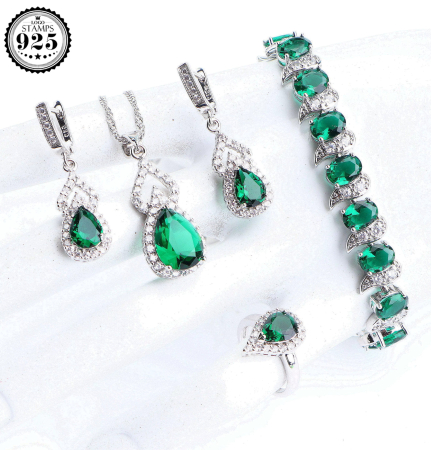Produse - Set bijuterii elegante placate cu argint 925, cu cristale de zirconiu verde-smarald