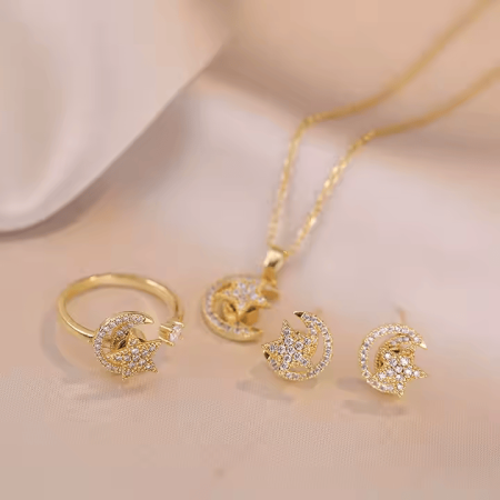 Produse - Set bijuterii stele si luna placate cu aur de 18 K, cu pandantiv rotativ si strasuri