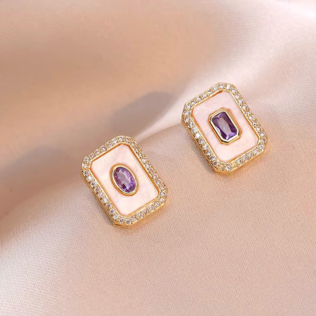 Set bijuterii vintage rectangulare, placate cu aur de 18 K, cu cristale de zirconiu violet. sidef si strasuri [2]