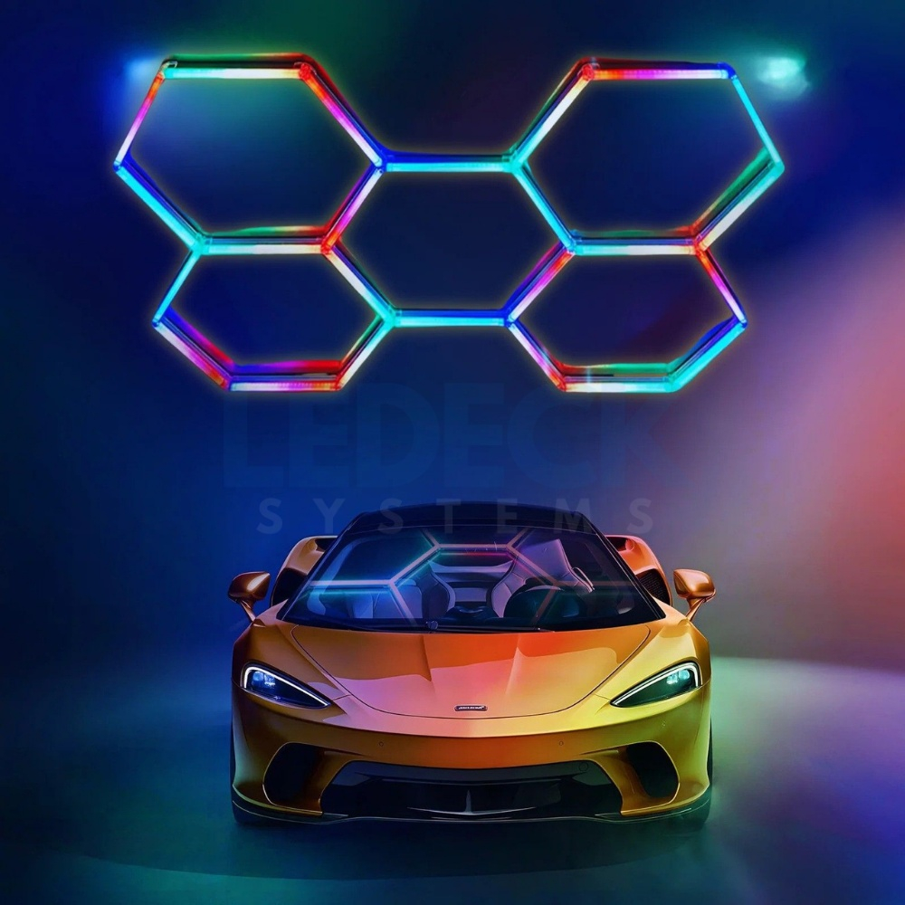 Lumină LED RGB Hexagonală Profesionala Aluminiu – 5 Module 244x170CM 192W, Echivalent 1600W, Garaj, Salon, Atelier [5]