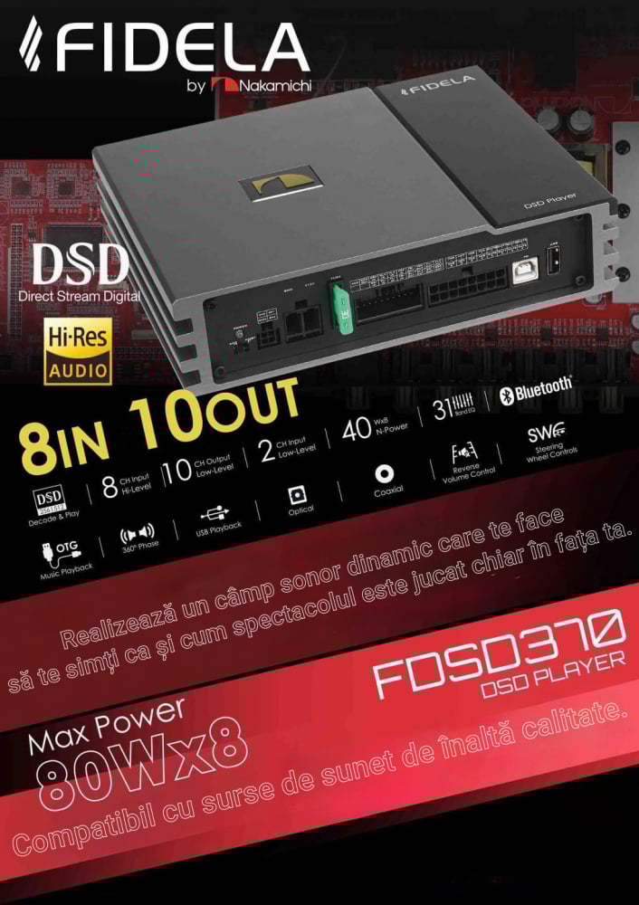 Amplificator cu DSP si DSD player Nakamichi FDSD370 8x40 watts rms in 4 ohmi, DSD player 256512, 10 canale, fibra optica, coaxial, usb, bluetooth 5.3 [1]