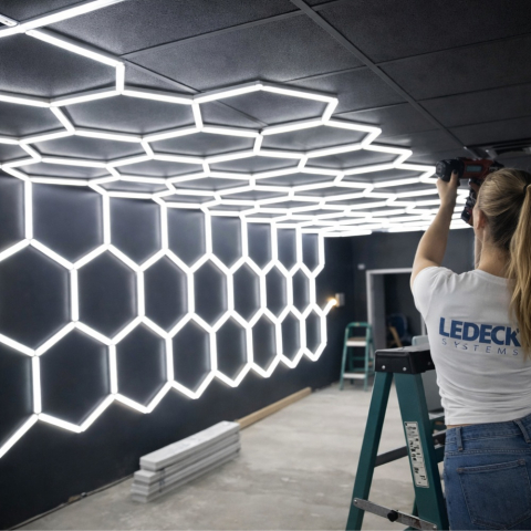 Garaj & Atelier - Lumină LED Hexagonală Modulară Custom – Sistem Extensibil Honeycomb pentru Spații Profesionale